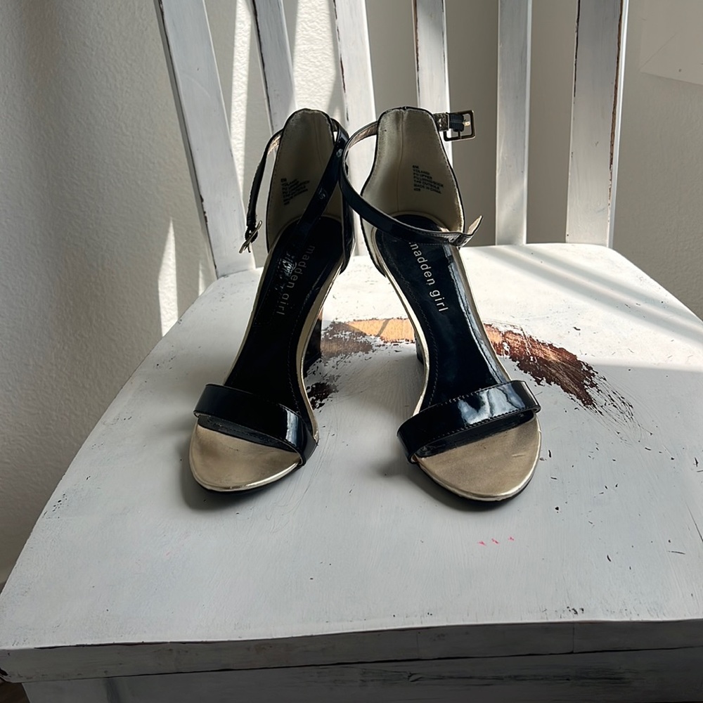 Black and gold Madden Girl wedge event heels